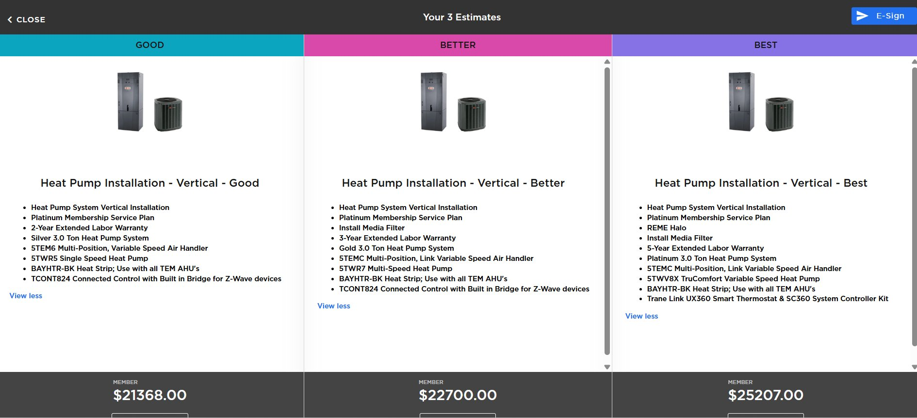 EquipmentPro Good/Better/Best estimate summary in ServiceTitan Mobile