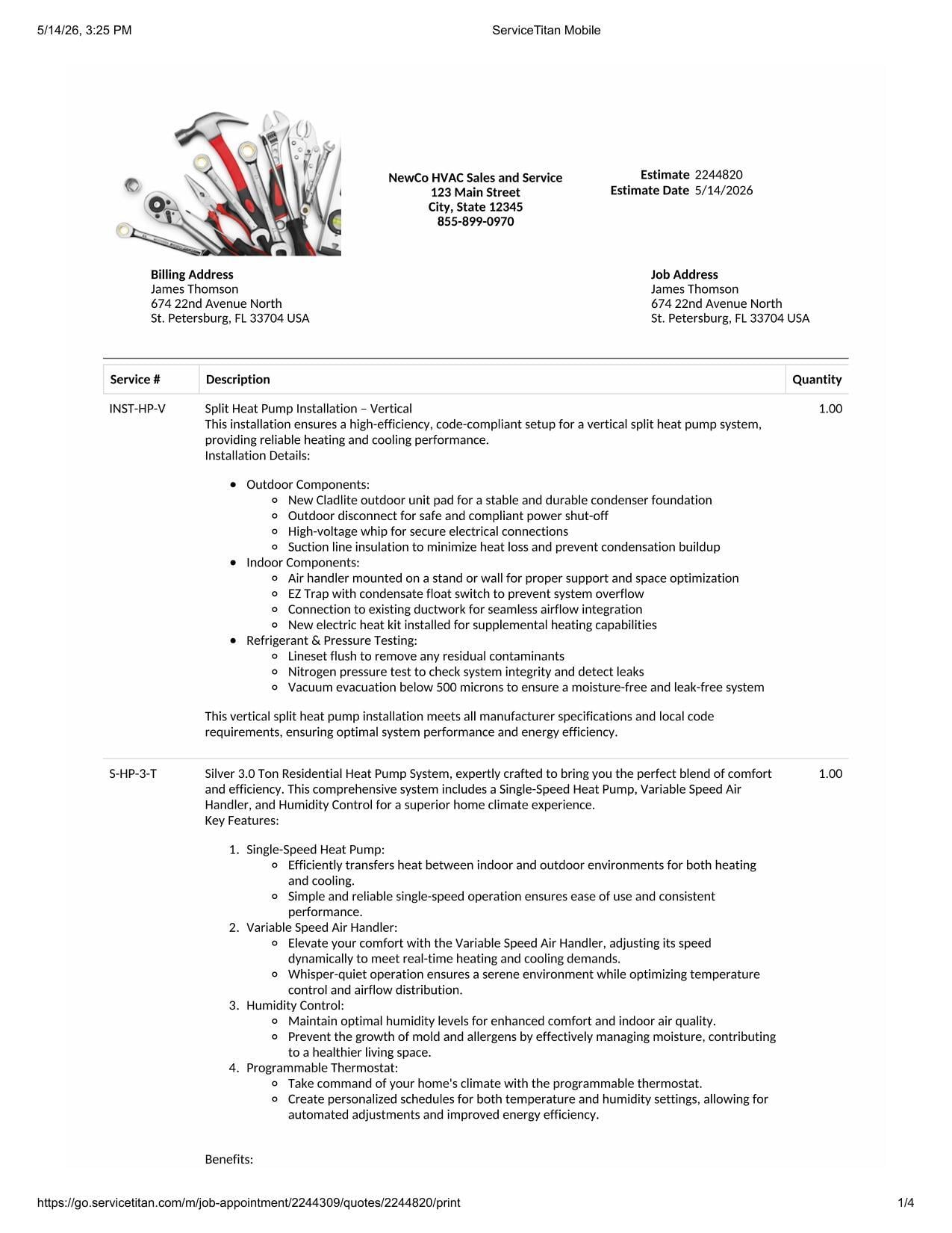 EquipmentPro printed estimate / E-Sign PDF view